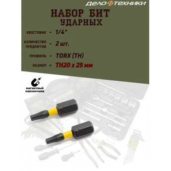 Набор бит ДЕЛО ТЕХНИКИ "TORX", ударные, 1/4'', Т20х25 мм., с отверстием, 2 шт.